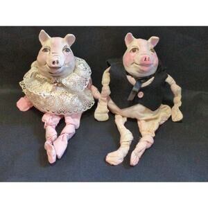 Two Folk Art Shelf Sitter Sitting Pig Dolls Couple Plaster Painted Head farmhous